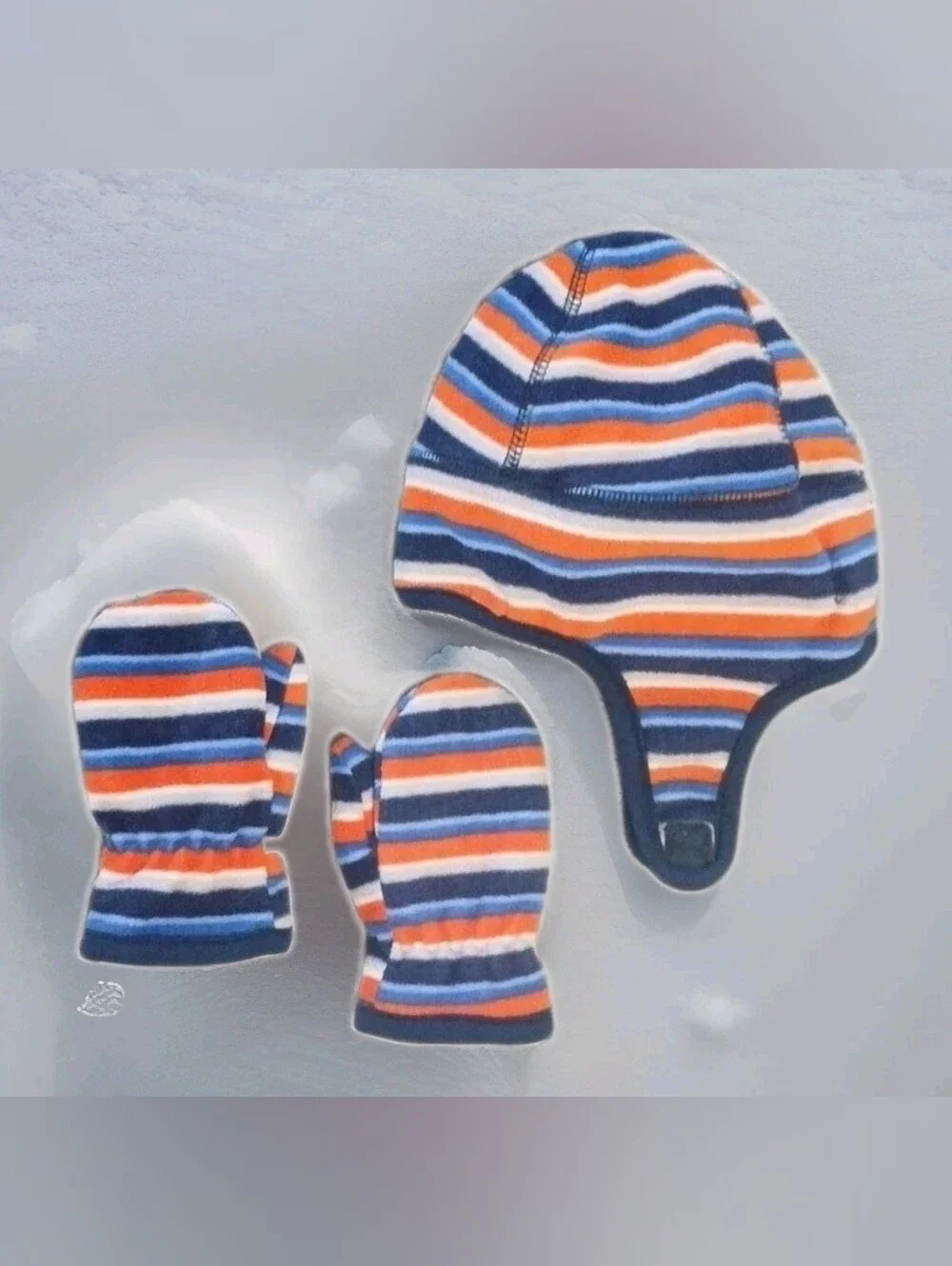 Toby NYC Infant Toddler Hat and Mittens Set Navy Stripes Double Layer Fleece